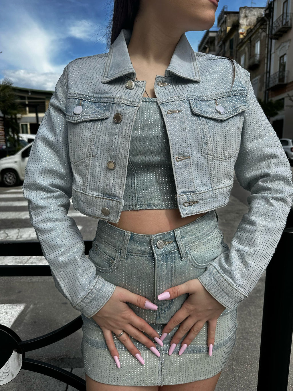Giubbino denim chiaro glitter